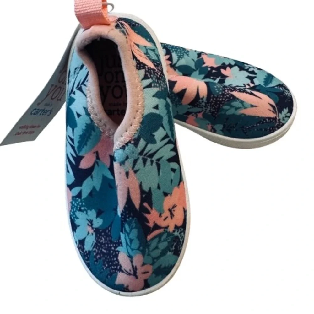 Just One You Carter's Girls Size 4 Floral Slip On Casual Shoes Aqua Pink NWT